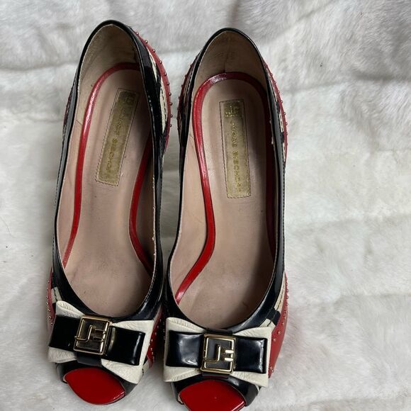 Jorge Bishoff Red patent leather,black white stripes textile peep toe he… - Picture 8 of 10